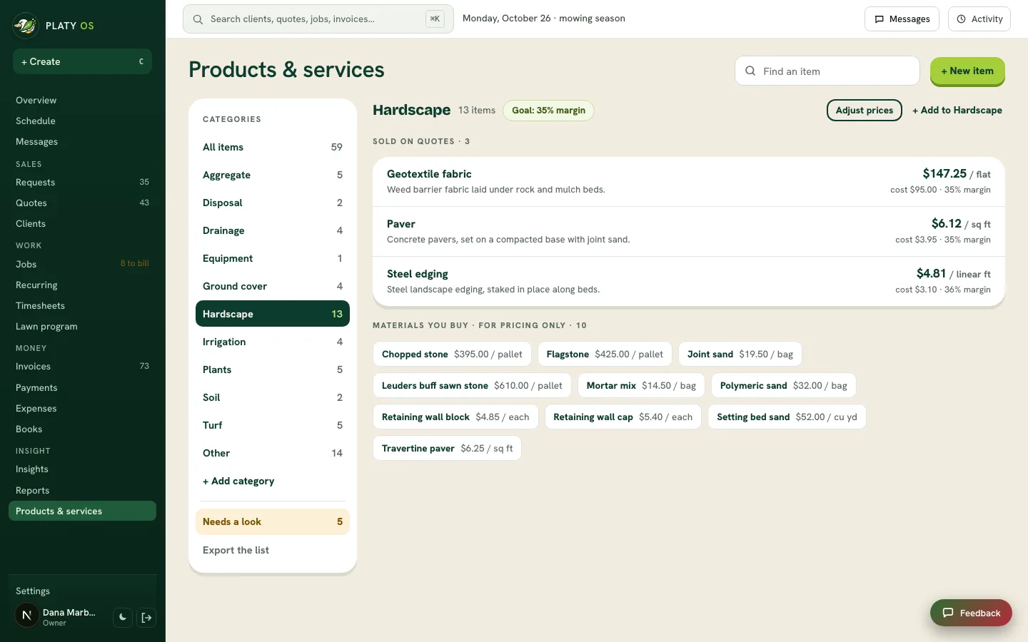 Products and services open on one category, with its margin goal and each item's price, cost and margin
